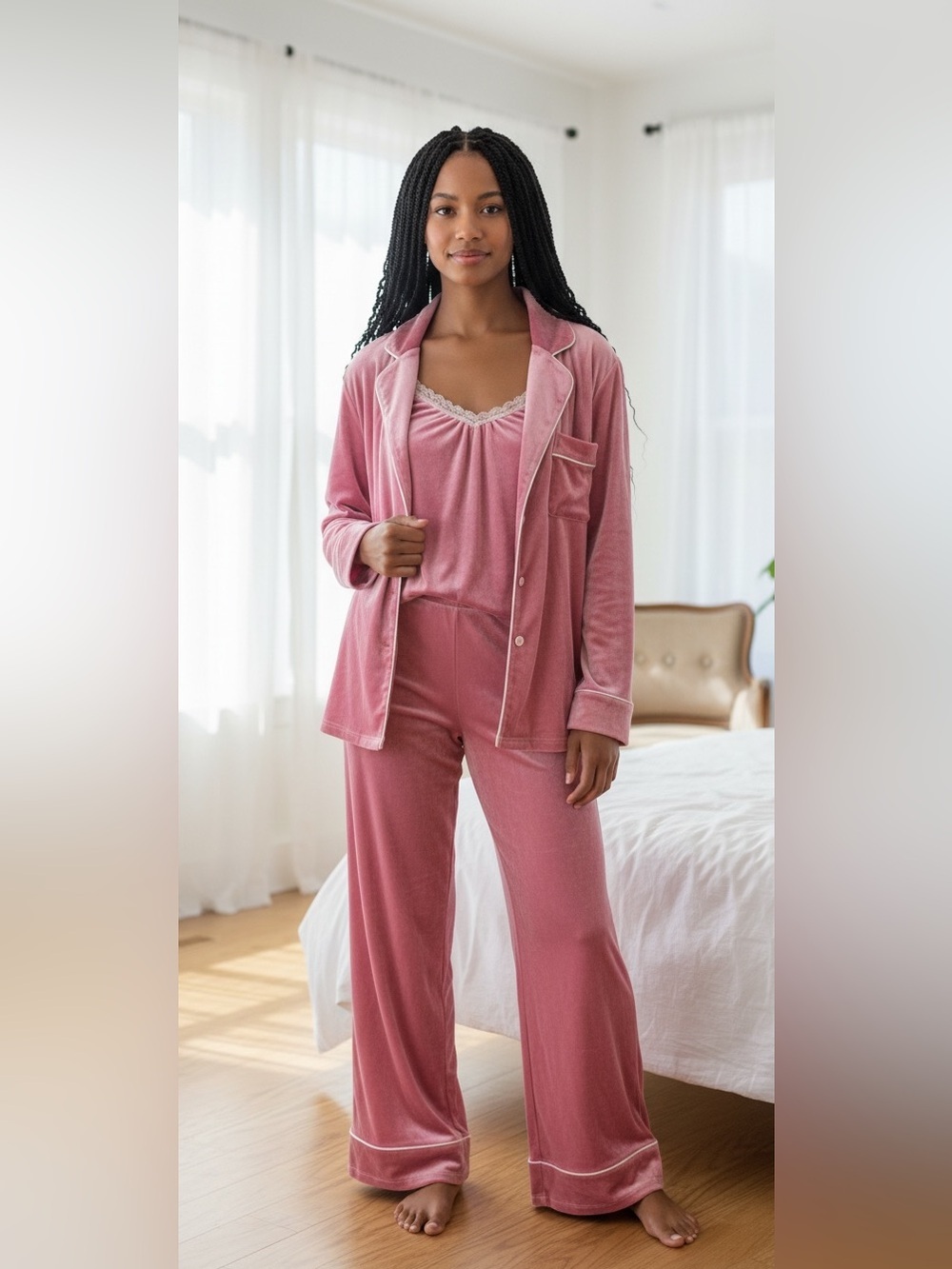 Women's Pink Velour Pajama Set with Contrast Trim